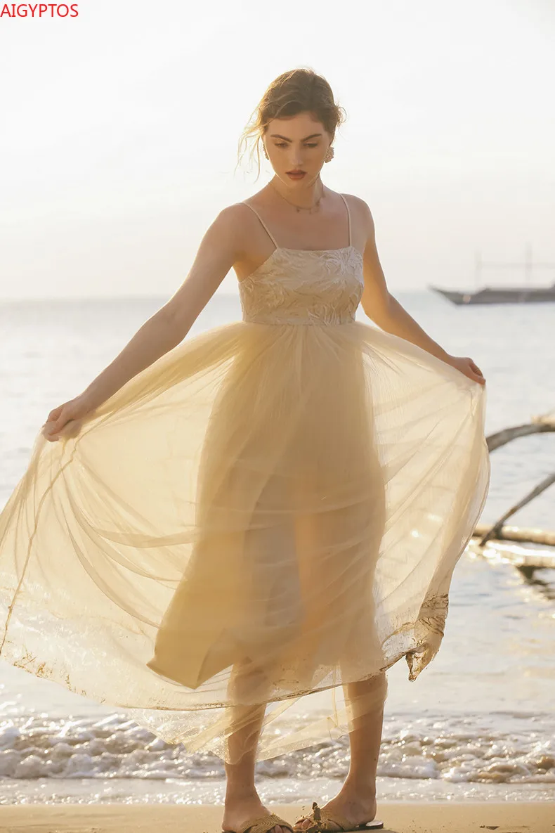 

Женское длинное пляжное платье на бретельках, дизайнерское Элегантное повседневное Сетчатое платье с вышивкой и блестками для отдыха, лето