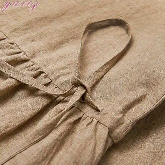2019 Dress Flax Rough And Thick Hemp Color Round Collar Manual Embroidery Thread Waist Drawstring Loose | Женская одежда