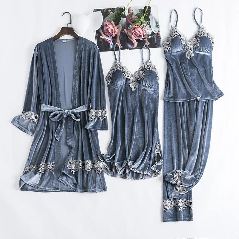 

Female Kimono Bathrobe Gown Lace Patchwork Nightwear Sexy Velvet Nightdress Sleepwear 2021 New 4PCS Robe Suit Homewear
