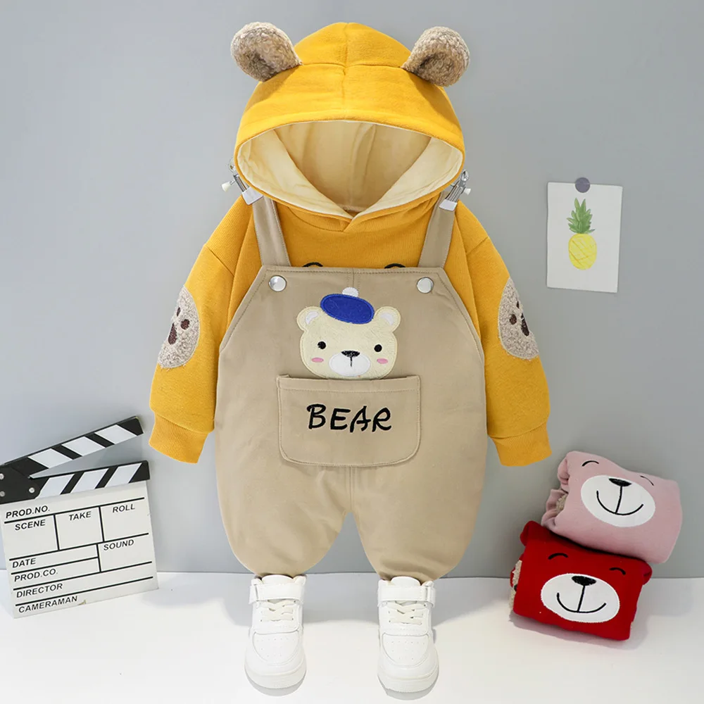 

Winter Baby Boy Clothes Cartoon Newborn Set Long Sleeve Thicken Hoodie+Suspender Pants Two Piece Suit Hooded Toddler Girl Outfit