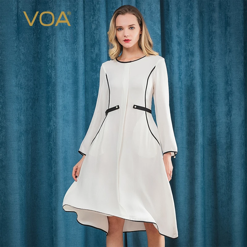 

VOA Heavy Silk Pearl Beading Office Work Midi Dress Women Big Size Solid White Elegant Casual Slim Tunic Long Sleeve Fall A6305