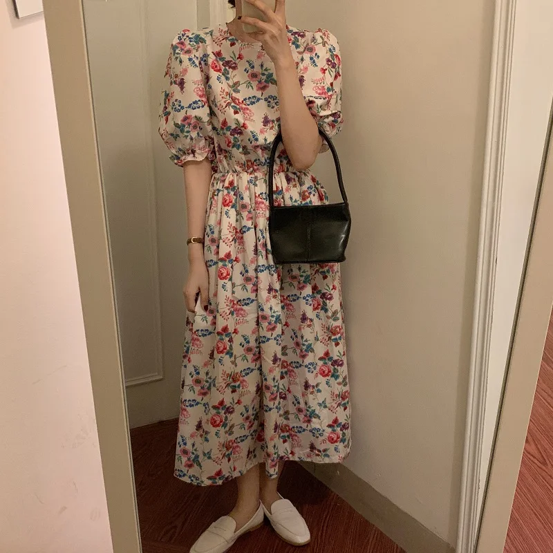 

Women Summer Vintage Sweet Watercolour Flower Long Pleated Dress Elastic High Waist Puff Sleeves Pullover Ball Gown 2020