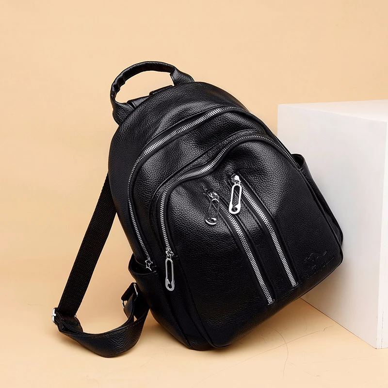 Женский черный кожаный рюкзак высокого качества Mochila женский элегантный дизайн