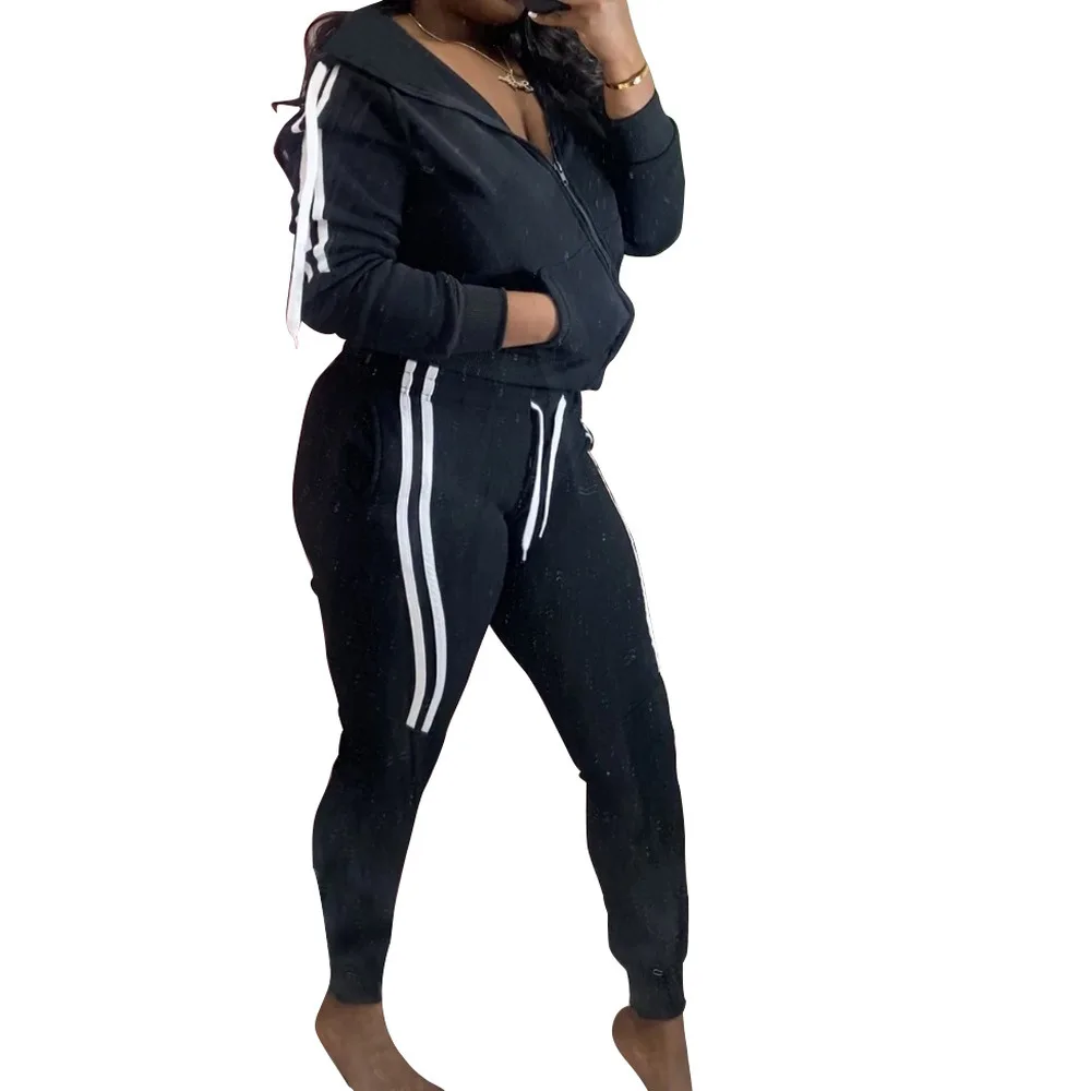 

Women Plus Size Two Piece Tracksuit Long Sleeve Hooded Zipper Jackets and Striped Spliced Pencil Legging Streetwear Clothing