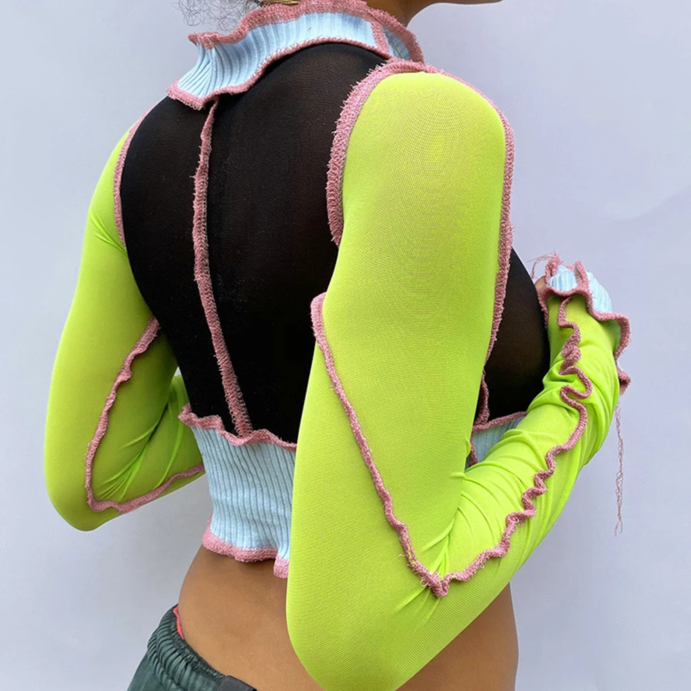 Y2K модный пэчворк стежка сетчатые кроп топы панк Стиль со стоячим воротником с