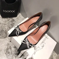 pointed high heels women stiletto 2021 new spring and autumn rhinestone bow leather satin
