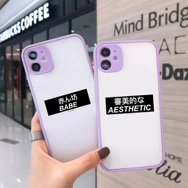 

Japanese Anime Aesthetic text letter Phone Case For iPhone 12 11 Mini Pro XR XS Max 7 8 Plus X Matte transparent Purple Back
