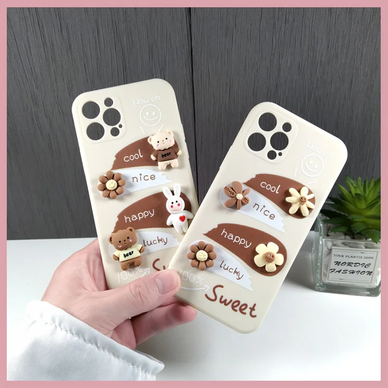 

Suitable for iPhone 12 3D flower rabbit bear 11 mobile phone case 7 XR fine hole xsmax cute 8p protective cover new