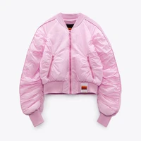 diyig woman 2021 summer new korean style womens pink bakery jacket pilot jacket round neck long sleeve cotton padded jacket za