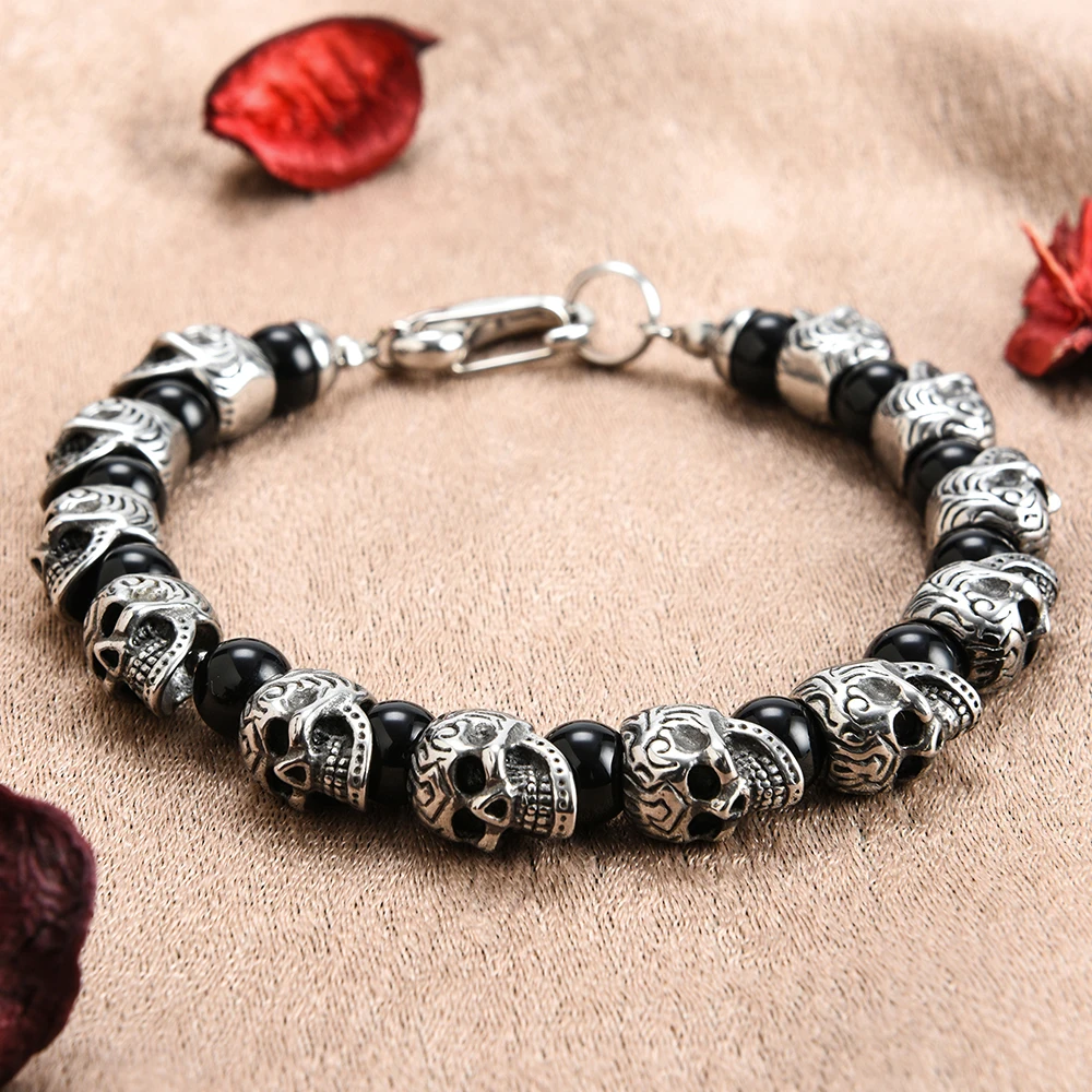 Мужской золотистый браслет с черепом из натурального камня нержавеющей стали |