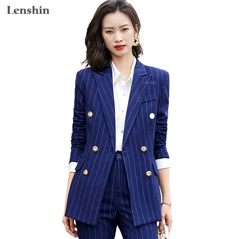 Женский комплект из 2 предметов Lenshin двубортный брючный костюм темно-синего и