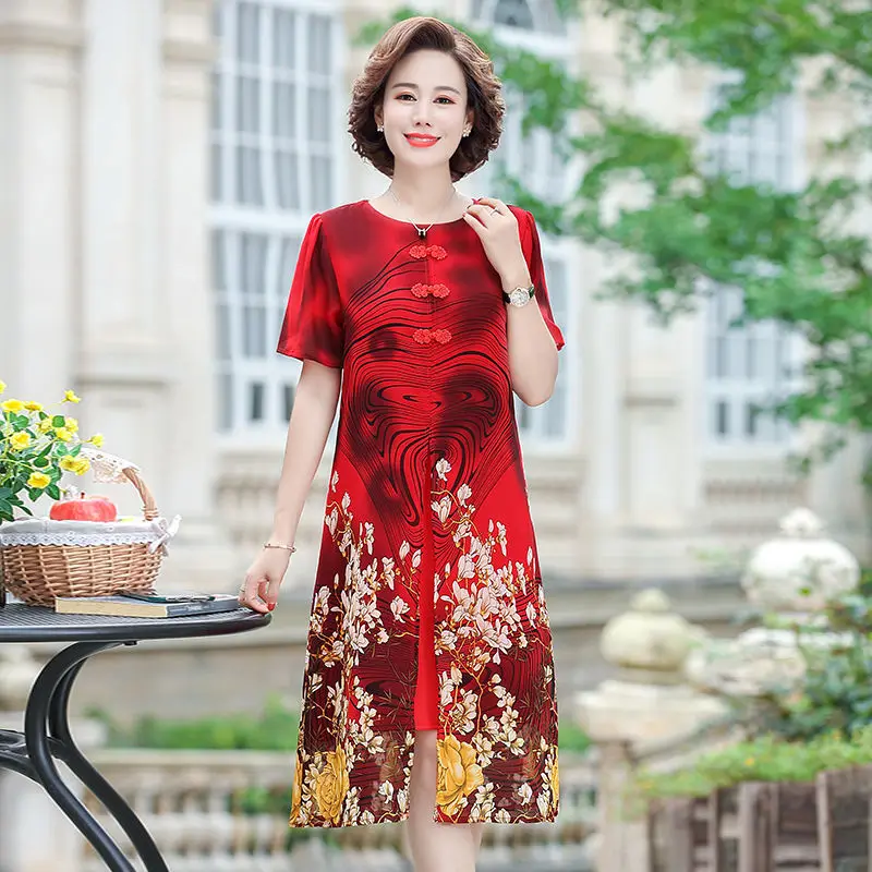 

2021 для женщин, для весны и лета, Ретро стиль, платья для женщин среднего возраста с принтом повседневные футболки с коротким рукавом свободн...