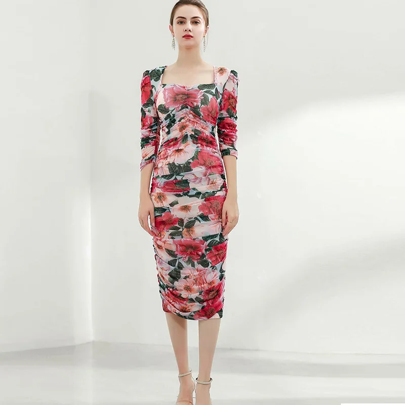 

Rose Floral Summer Girls Mesh Dresses Women Long Casual Sexy Office Work Robe Femme Bohemian Dress Plus Size Slim Fit Free Ship