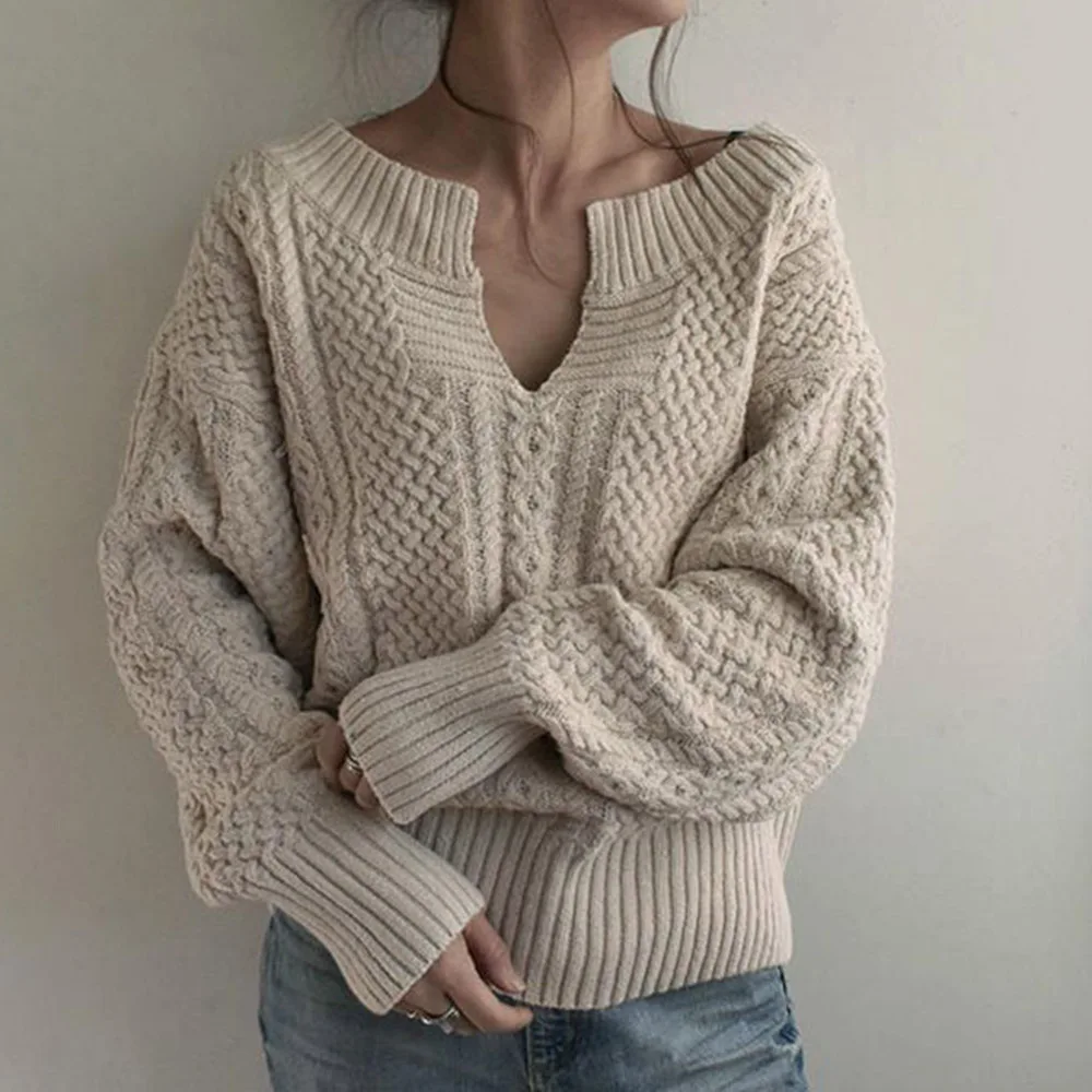 Women Winter Knitted Sweater Female Autumn V Neck Sexy Casual Loose Solid Color Pullovers Knitwear OL Tops Jumper pull femme | Женская