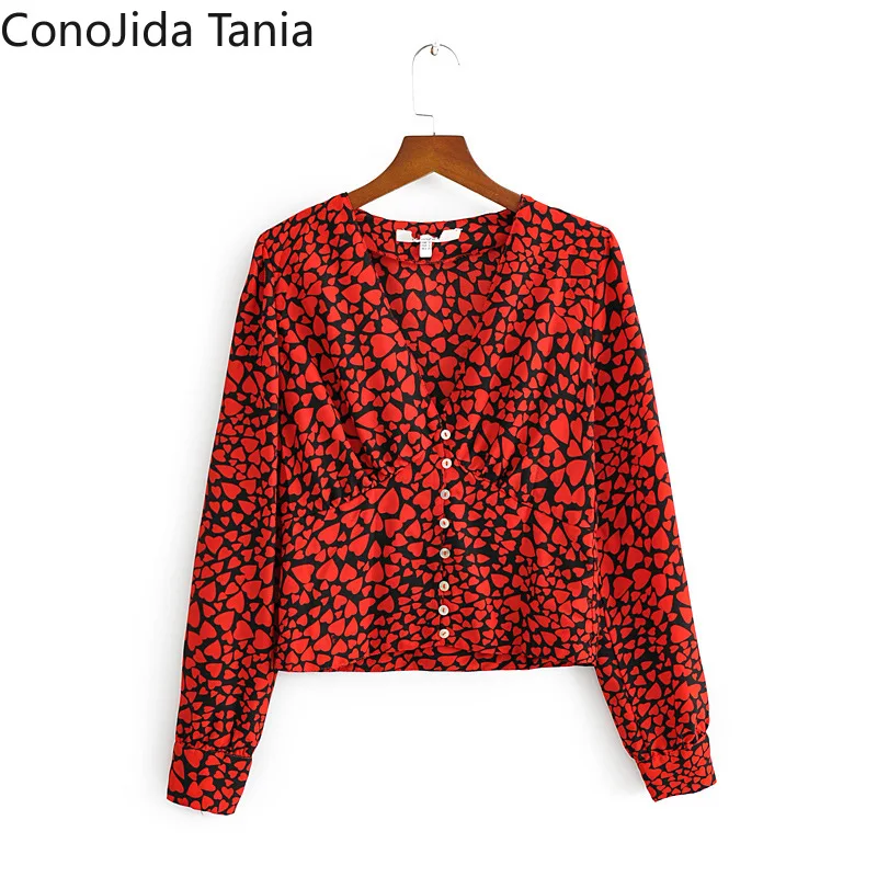 

Весна/Осень 2021, женская рубашка с V-образным вырезом, с принтом в форме сердца, с длинными рукавами, приталенная, однобортная