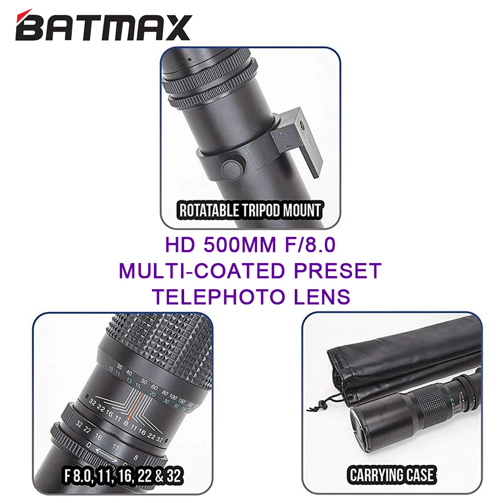 Batmax 500 мм/1000 мм телеобъектив F8.0 ручной зум для Фотоаппарата Canon T6s T6i T5i T4i 7D 6D 5D Mark III