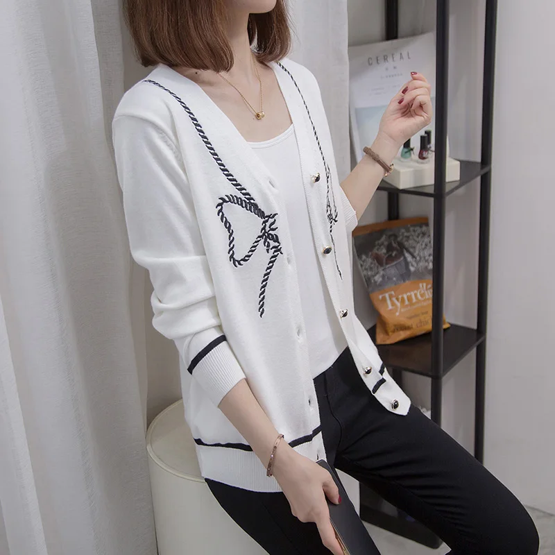 Женский однобортный Кардиган с бантом Свободный Вязаный Свитер оверсайз