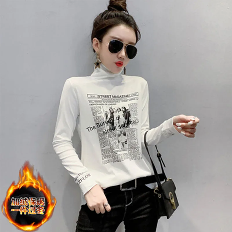 

Long Sleeve Plus Velvet Black Turtleneck T Shirt Women Winter 2020 Fall Fashion Cotton T-Shirt Femme Woman Korean Print Tops