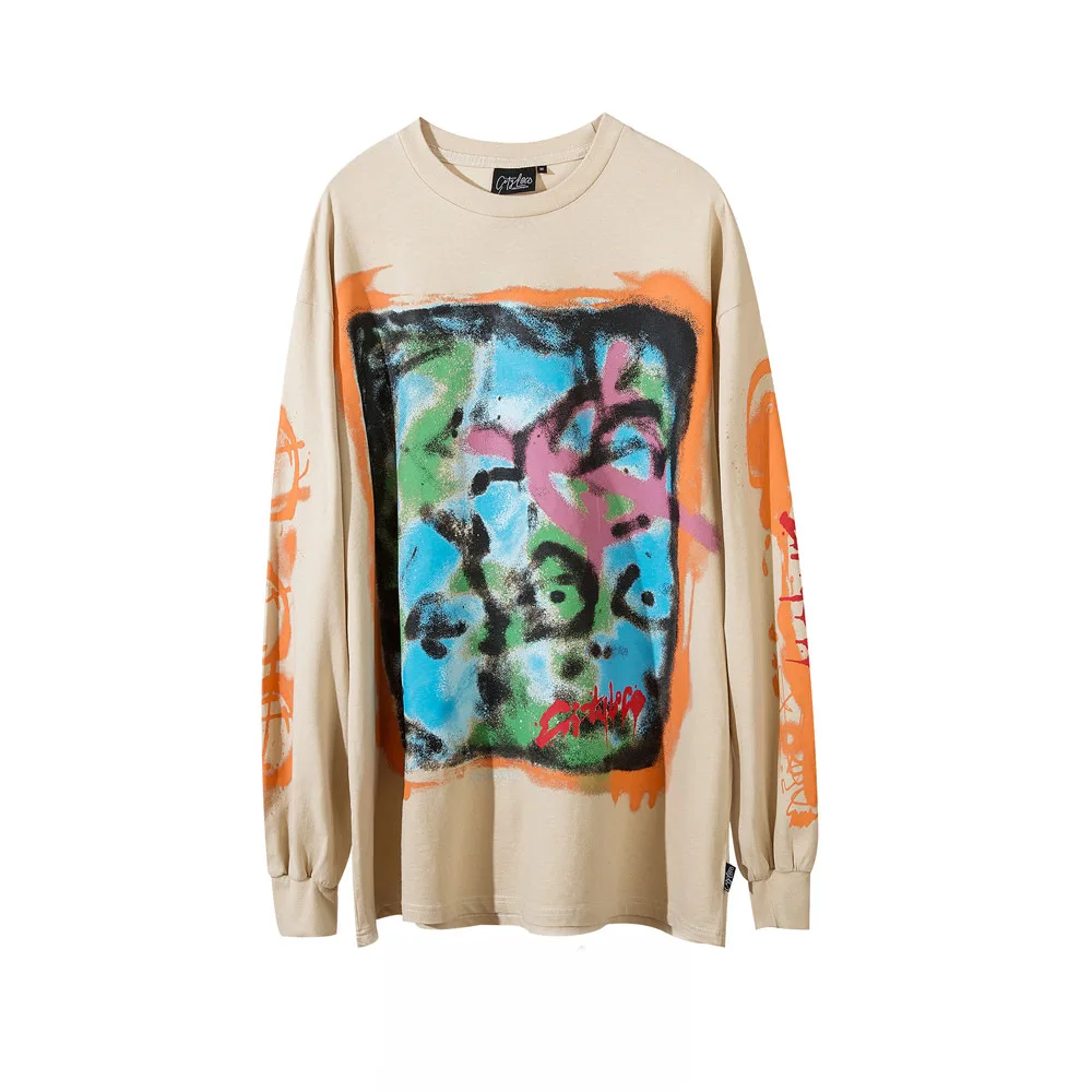 

Футболка EukaaRu мужская с длинным рукавом, модная Свободная рубашка с абстрактным принтом граффити и надписью, в стиле хип-хоп, топ с круглым в...