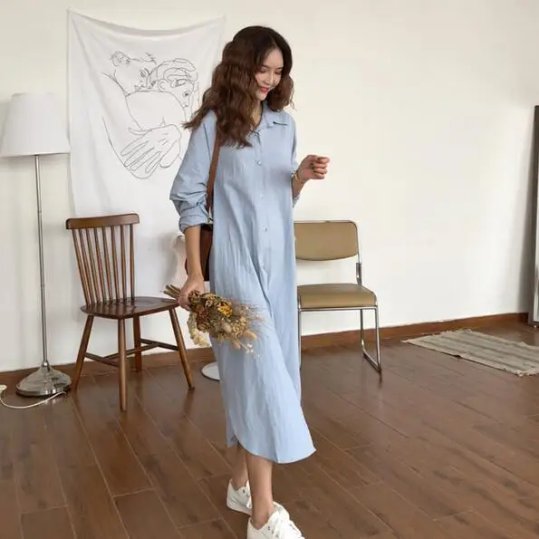 Винтажное осеннее длинное платье женская рубашка с отложным воротником