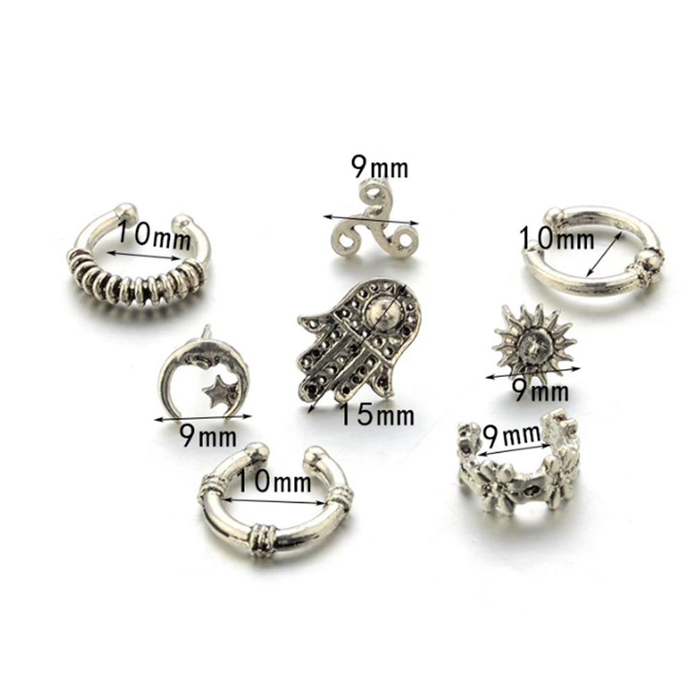 

8Pc/set Antiek Zilver Kleur Earring Sets Hollow Fatima Hand Zon Maan Ster Bloem Oor Manchet Clip Stud Oorbellen Vrouwen sieraden