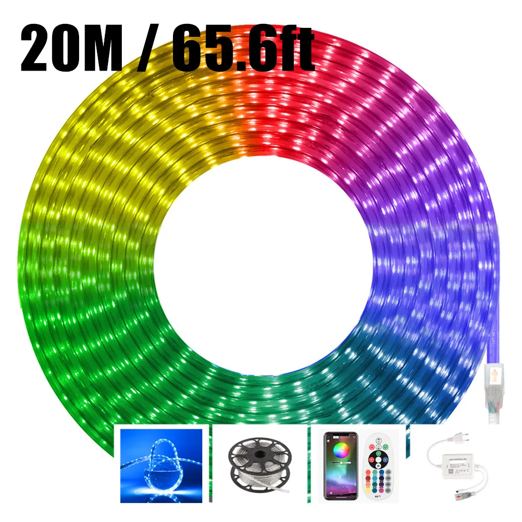 

220V LED Strip Light Waterproof Super Bright Flexible 65.6ft 20M SMD 5050 LED Outdoor Garden Home Room Decor Strips Rope Lights