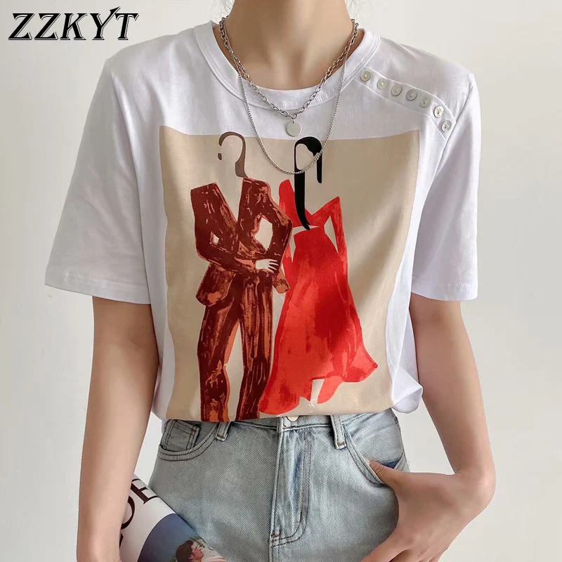 

ZZKYT 2021 женская летняя Винтажная футболка на пуговицах с принтом людей модные повседневные топы с круглым вырезом и коротким рукавом женские...