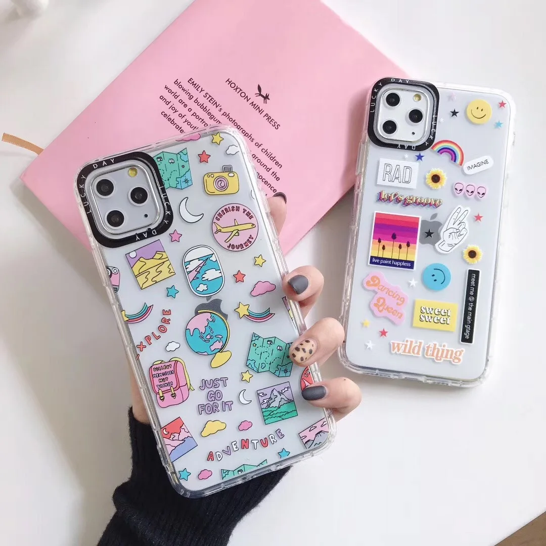 

ins Fashion Rainbow Photo Smile Phone Case for Iphone 11 Pro Max 12 7 8 6 S Plus X XsXr Earth Plane Clear Lens Protection Cover