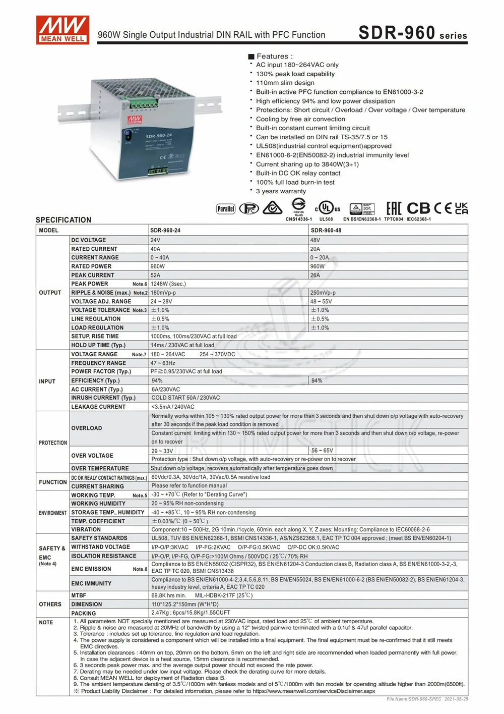 Meanwell SDR-960-24 24V 40A meanwell SDR-960 960W одиночный выход промышленный din-рейку с PFC Функция |
