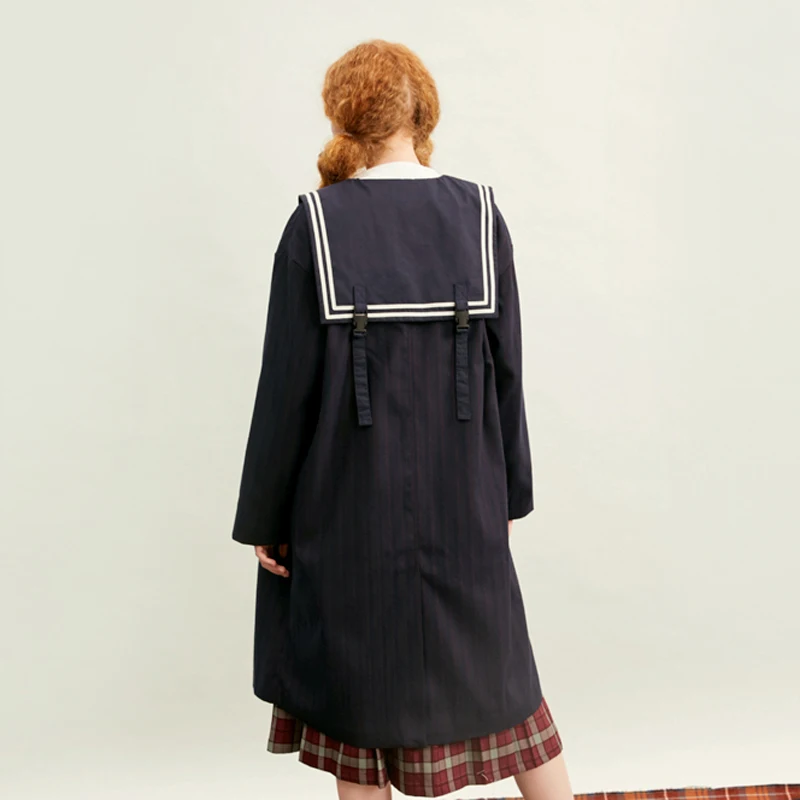 Женская Повседневная ветровка с матросским воротником темно-синий плащ в