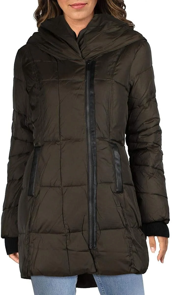 

2021french Connection Women's Quilted Asymmetrical Hem Hooded Winter Puffer Coat