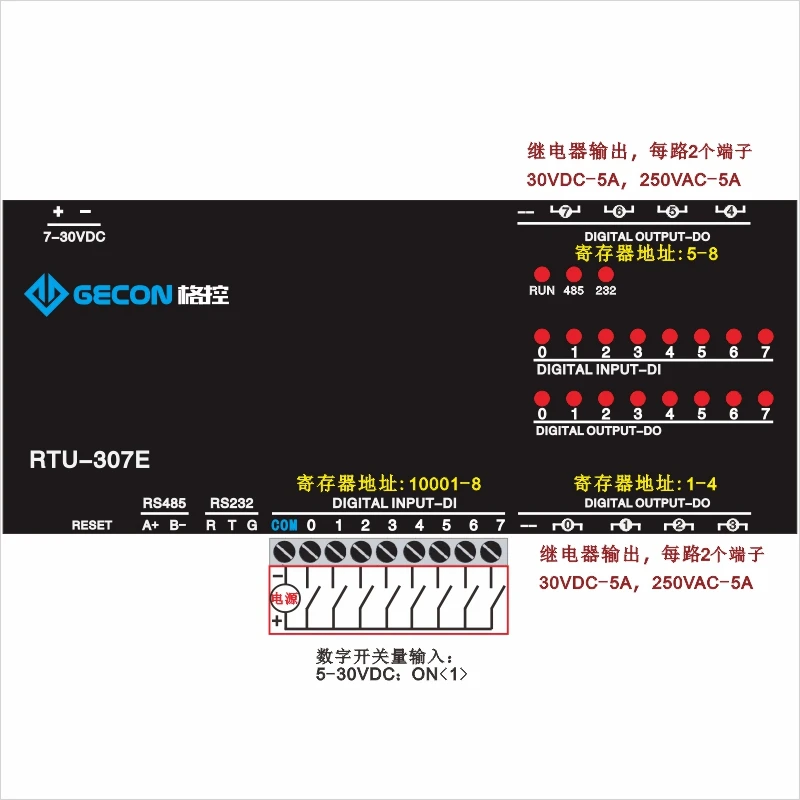 

8DI8DO Combined control system Modbus RTU protocol serial port RS485 232 digital input and output relay: 5A/250VAC, 5A/30VDC