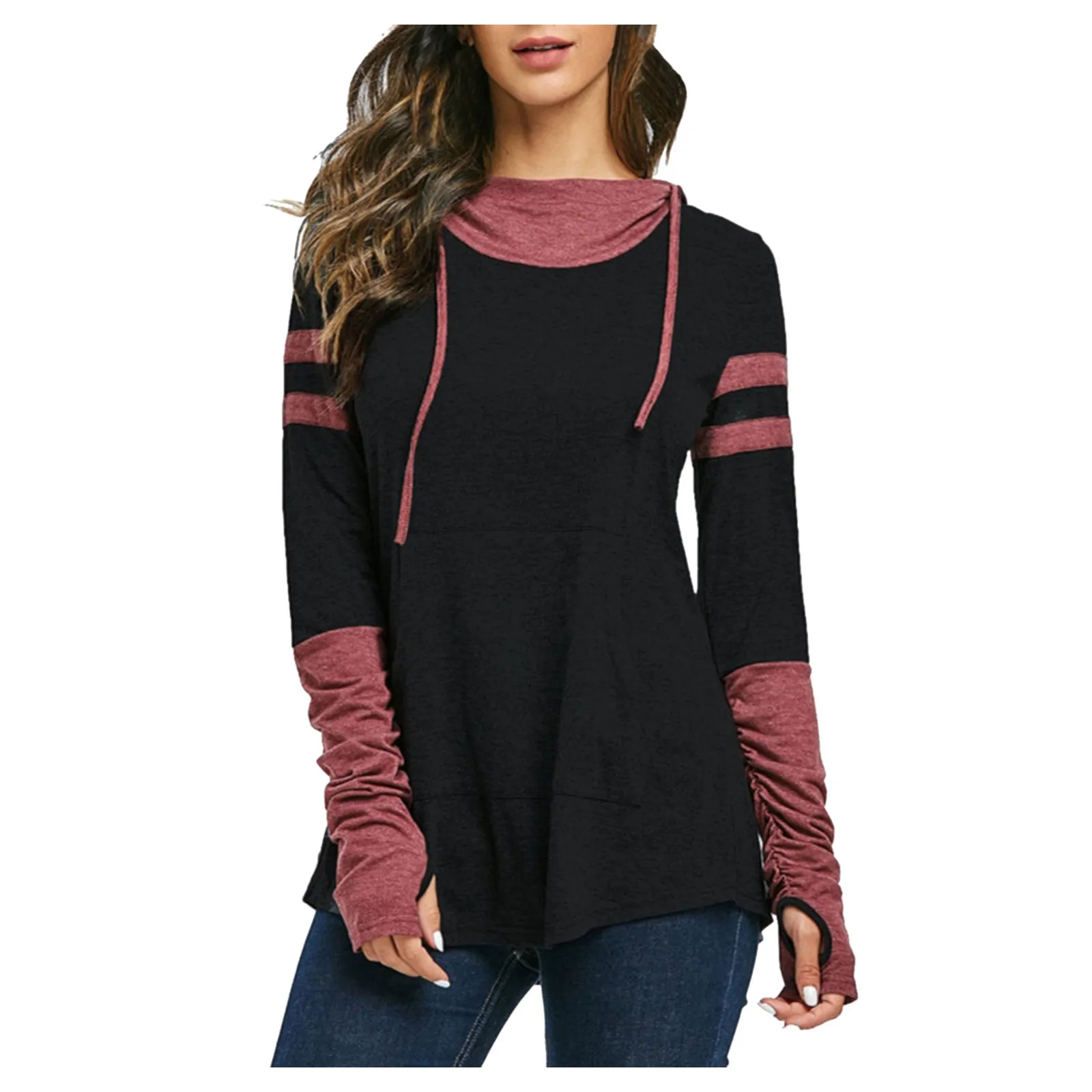 

Женский пуловер с капюшоном, Повседневная футболка в стиле пэчворк с рукавами с рюшами и карманами, топы, женская теплая уличная одежда в ст...