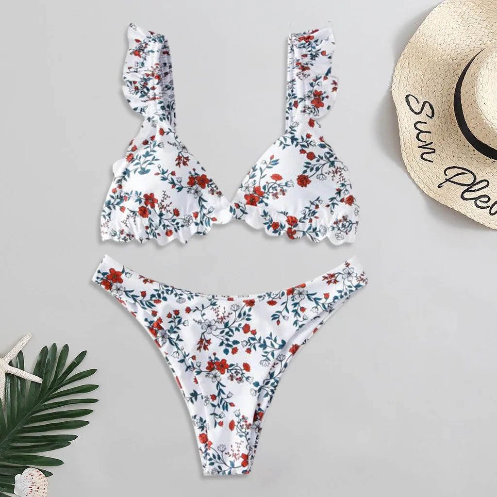 

Swimwear Women Dot Print Bikini Set 2020 Sexy Ruffle Bukini Backless Bathing Suit Summer Floral Beachwear Maillot De Bain Femme