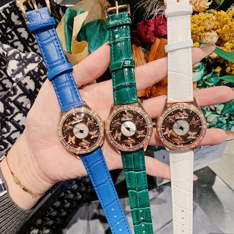 

2020 Top Lovely Spinning Crystal Butterfly Watches for Women Waterproof Real Leather Strap Watch Flying Butterflies Wrist watch