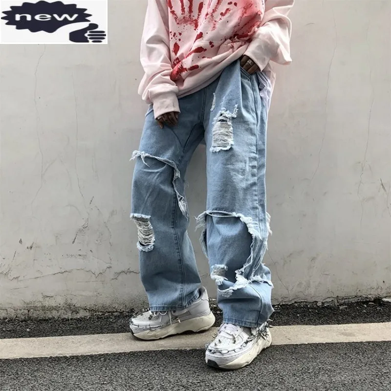 New High Street Mens Jeans Hip hop Loose Wide Legged Personality Streetwear Fashion Patchwork Tassel Hole Men Black Denim Pants