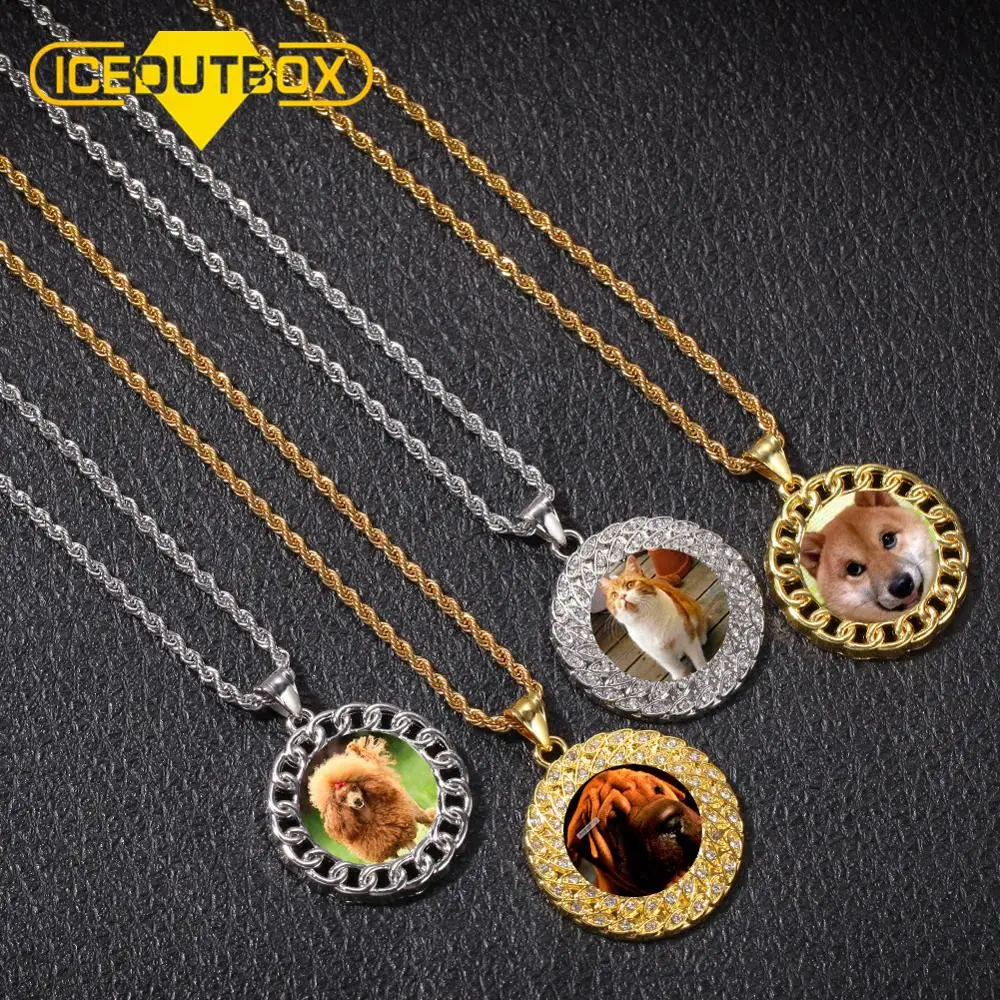 

Hot Custom Made Photo Medallions Pendant Necklace Gold Silver Iced Out Cubic Zircon Men's Hip Hop Rap Jewelry 4mm Tennis Chain