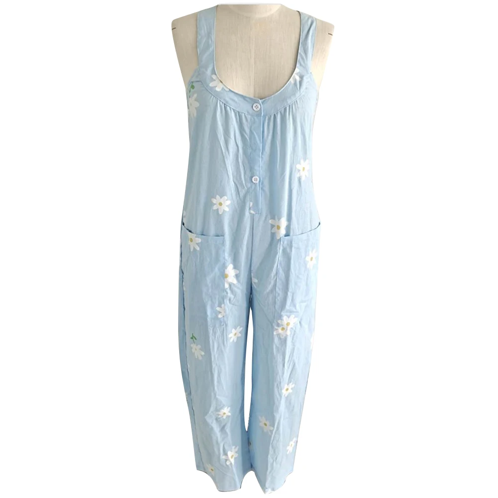 

Plus size Jumpsuit Women Sleeveless Floral Print Pockets Buttons Jumpsuit Bib Overall Dungarees Jumpsuit women Dungarees