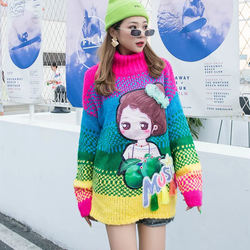 Vefadisa Autumn Cartoon Turtleneck Pullovers Sweater Stripe Long Sleeve Tassel Casual Woman 2019 QYF508 | Женская одежда