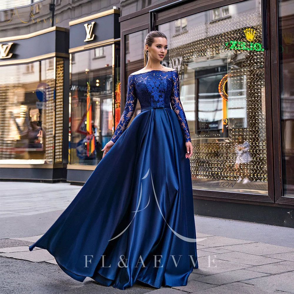 

Роскошные атласные вечерние платья-трапеции Королевского синего цвета, женское праздничное платье 2022 с длинным рукавом, деловые платья с в...