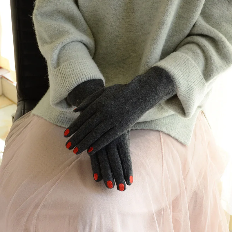 C24 Dark Gray Модные элегантные женские шерстяные вязаные перчатки с вышивкой и сенсорным экраном зимние женские теплые кашемировые кожаные пе - Цвет: C24 Dark Gray