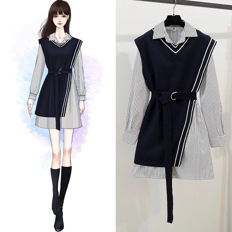 Streetwear Two Piece Dress Women Autumn Winter long Sleeve Shirt Mini Dresses with belt plus size elegant party Dress vestidos