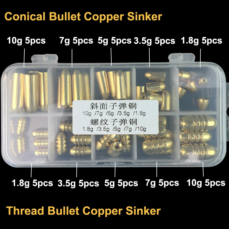 50pcs/box Mix Sizes Two Types Fishing Accessories Bullet Copper Weights Metal Jig Drop Shot Sinkers For Texas Rig Tackle | Спорт и