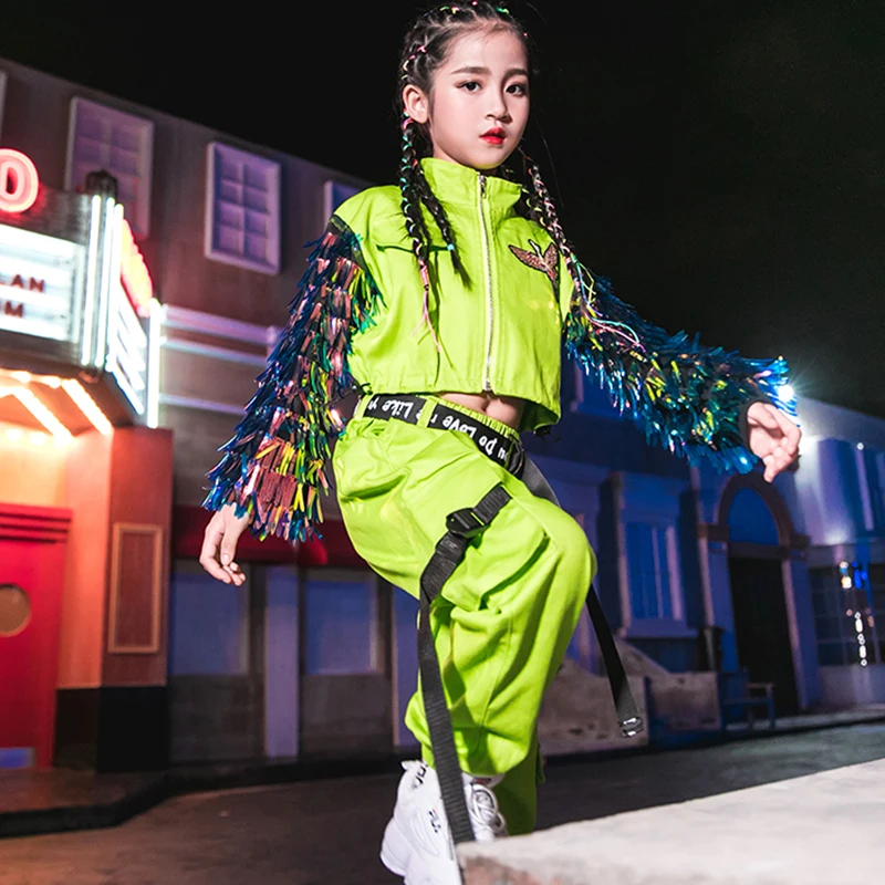 

Hip Hop Dance Costumes Fluorescent Green Tassel Coat Girls Jazz Clothing Children Street Dancing Stage Performance Wear