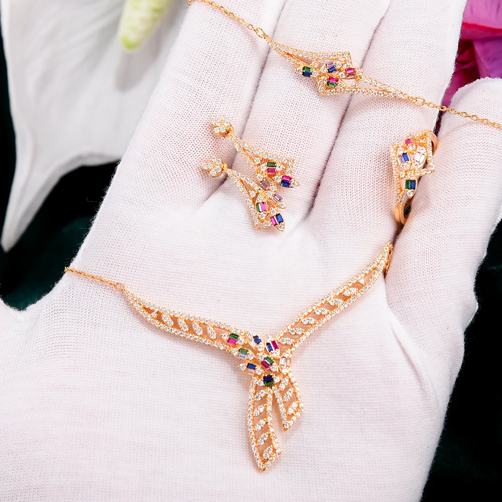 

Luxury Cute Shiny Bridal Necklace Bracelet Earrings Ring Jewelry set For Ladies Women Wedding African CZ Dubai Jewelry