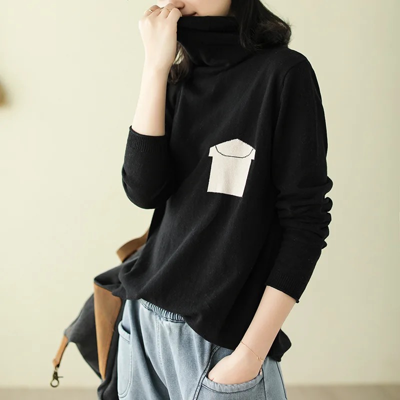 SOUL OF TIGER 2019 England Style Ladies Knitted Pullovers Womens Vintage Printed Sweaters Winter Turtleneck Thick Warm Jumpers | Женская