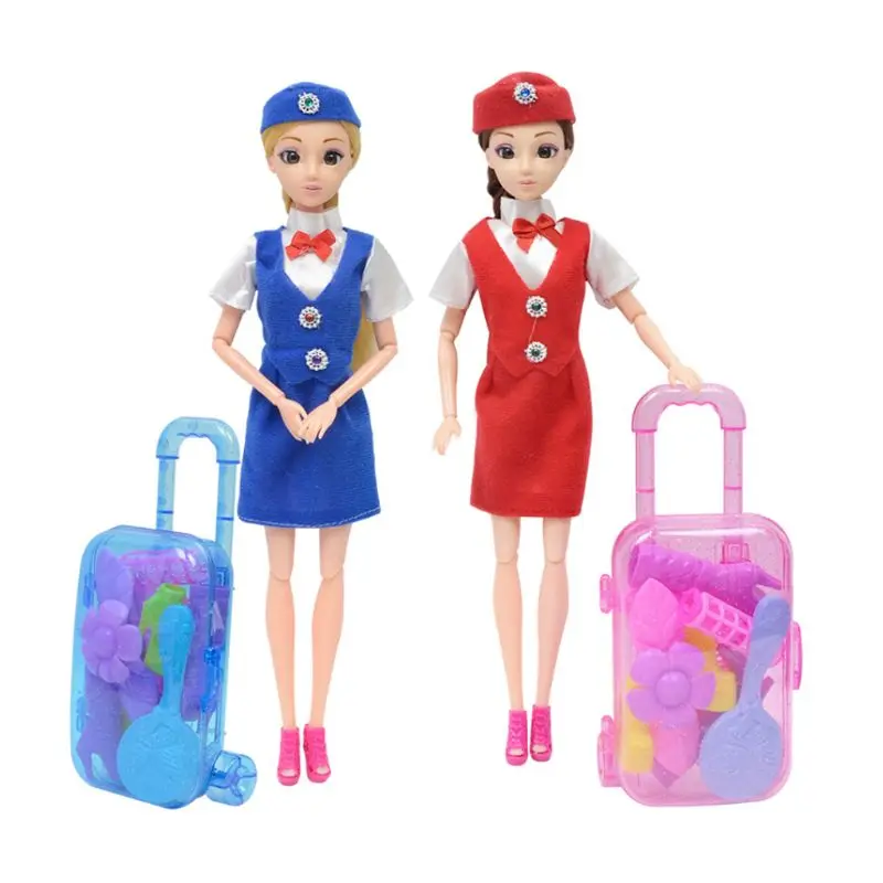 

G2AD 1Set Plastic Flight Attendant Doll with Travel Luggage Pretend Play Toy Kit for Kids Girls Early Education Simulation Toy