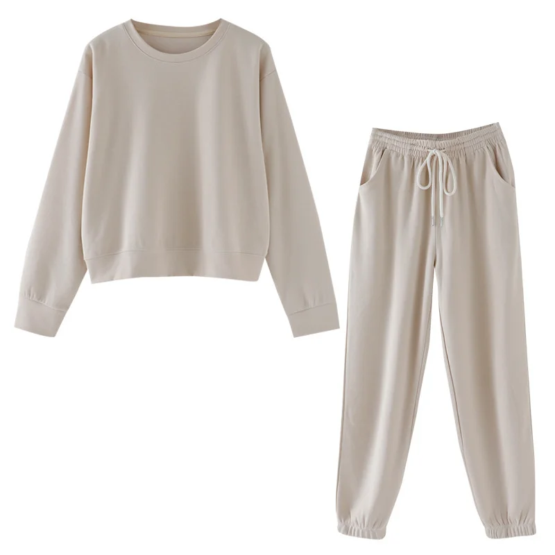 

2021 Autumn Women Tracksuit Two Pieces Sets Round Collar Woman Short Sweatshirts Elastic Waist Drawstring Sport Casual Pants