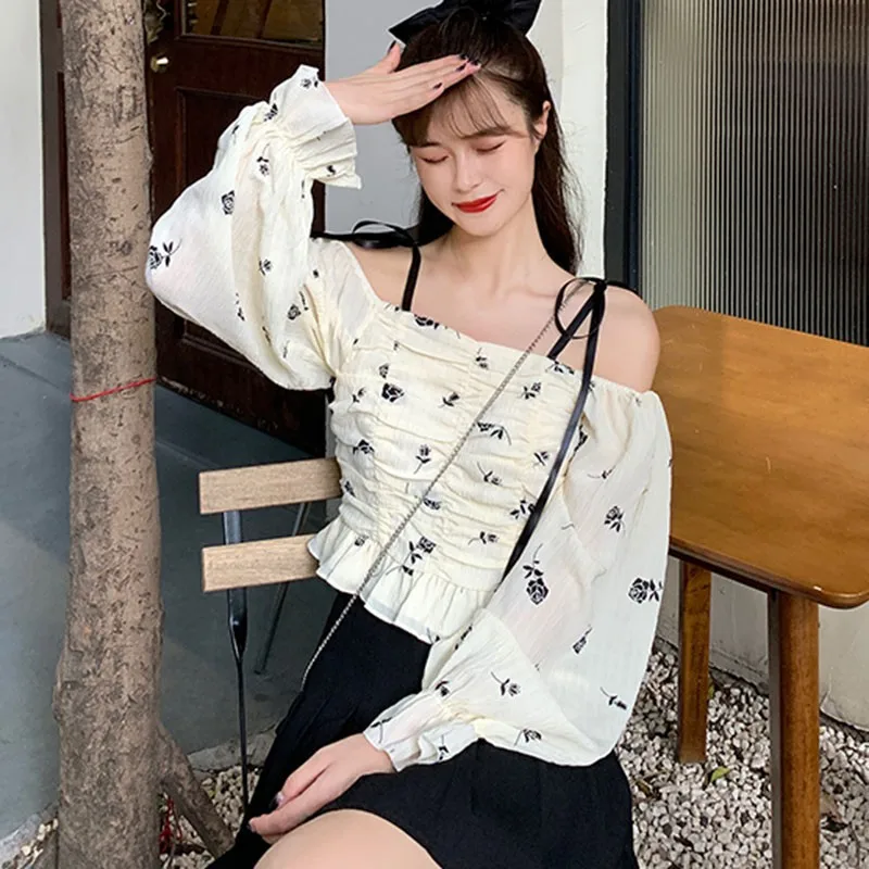 

Blouse for Women Floral Print Slash Neck Fashion Blouses New Sexy Sweet Chiffon Long Sleeve Casual Shirt Tops
