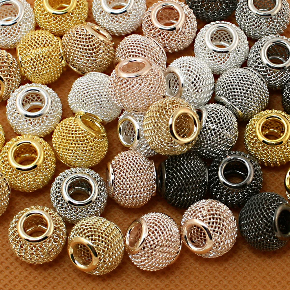 

Factory Price Round Ball 10x12mm 10pcs Mesh Net Spacer Metal Beads Big Hole for DIY European Charms Bracelet Jewerlry Findings